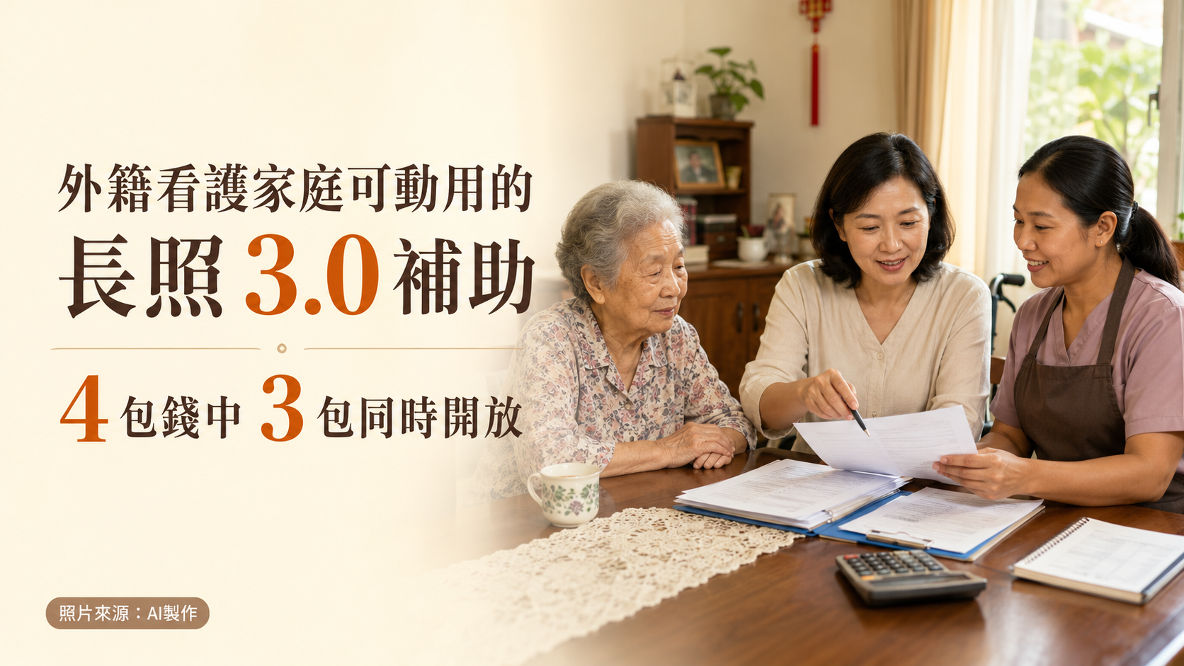 外籍看護家庭可動用的長照 3.0 補助：4 包錢中 3 包同時開放